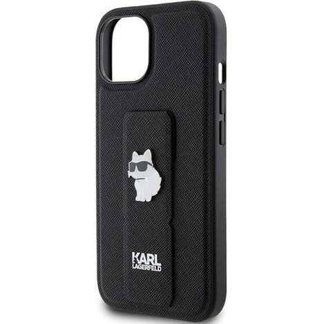 Karl Lagerfeld Gripstand Saffiano Choupette Pins Hülle für iPhone 15 Plus / 14 Plus – Schwarz