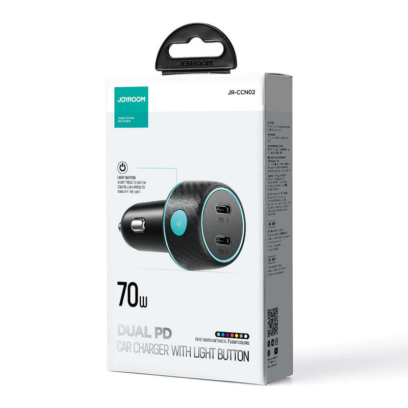 Autoladegerät 2x USB C 70W mit LED-Hintergrundbeleuchtung Joyroom JR-CCN02 | Schwarz