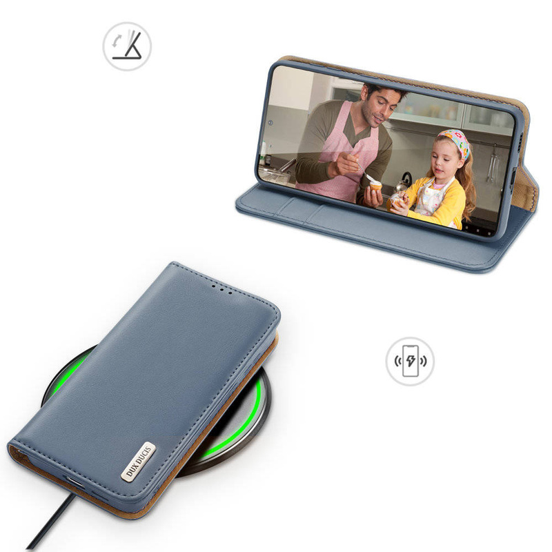 Dux Ducis Hivo skórzane etui z klapką pokrowiec ze skóry naturalnej portfel na karty i dokumenty Samsung Galaxy S22+ (S22 Plus) niebieski