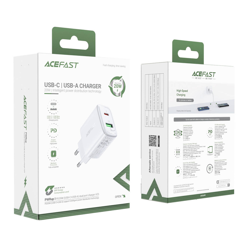 Acefast ładowarka sieciowa USB Typ C / USB 20W, PPS, PD, QC 3.0, AFC, FCP biały (A25 white)