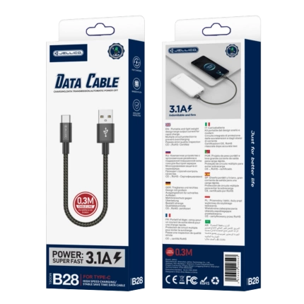JELLICO kabel B28 USB-C 3.1A 0.3M Czarny