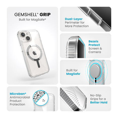 Speck Gemshell Grip + MagSafe - Etui do iPhone 15 / iPhone 14 / iPhone 13 (Clear / Chrome Finish)