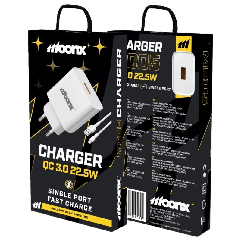 MOONX wall charger MC05 22,5W 1xUSB QC3.0 + cable USB-C White