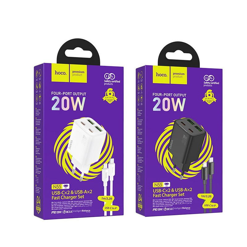 Ładowarka sieciowa do telefonu Hoco 2 x USB C + 2 x USB A QC3.0 PD 3A 20W + kabel USB C do Lightning N55 biała