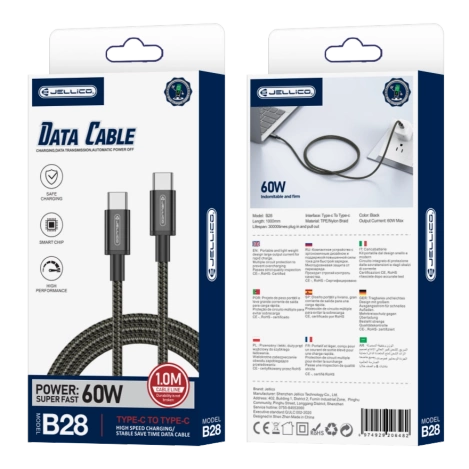 JELLICO kabel B28 USB-C - USB-C PD 60W 1M Czarny