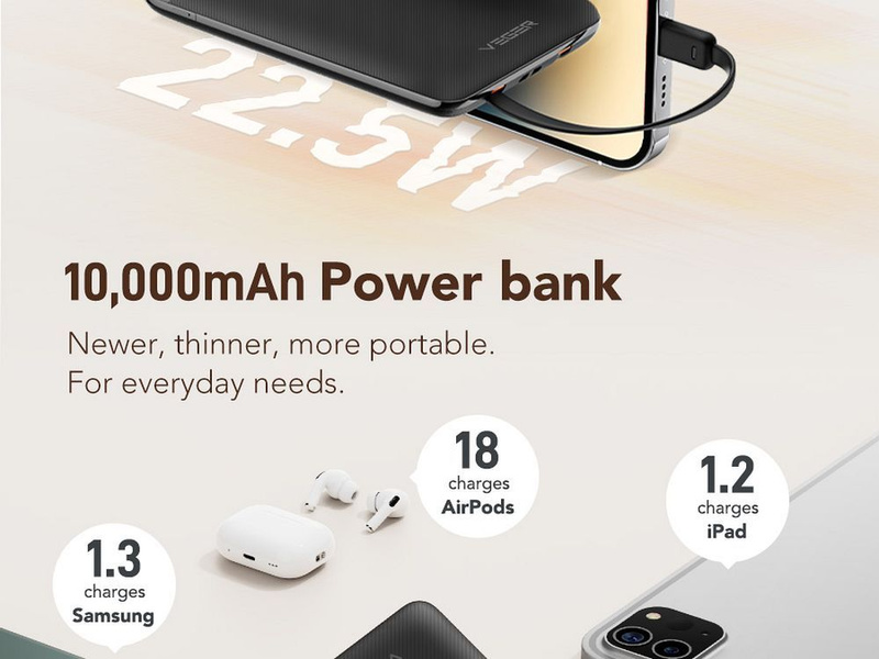 Bateria zewnętrzna (Powerbank) VEGER C11 BEST - 10 000mAh LCD z kablem Typ C + Apple Lightning 8-pin QC3.0 PD 22,5W (W1170)