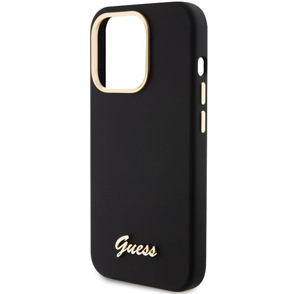 Guess Silikon Script Metal Logo &amp; Frame Hülle für iPhone 15 Pro Max – Schwarz