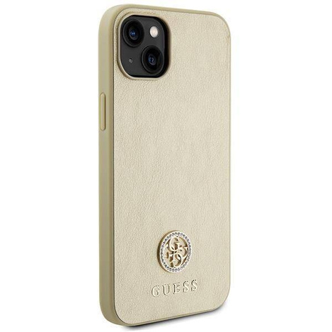 Guess Leder 4G Metal Logo Strass Hülle für iPhone 15 – Gold