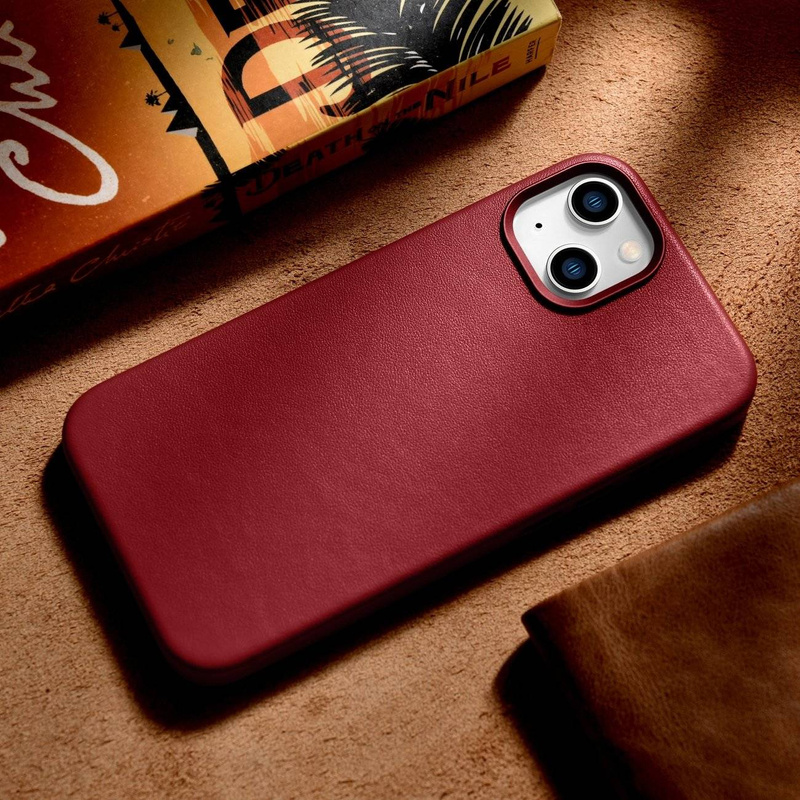 iCarer Case Leather genuine leather case cover for iPhone 14 Plus red (MagSafe compatible)