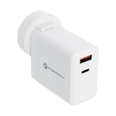 FORCELL F-ENERGY TFK-TC-45WPDAC ładowarka sieciowa 3w1 Typ C + USB A PD QC4.0 3A 45W z wymiennymi wtyczkami (EU / UK / US) biała