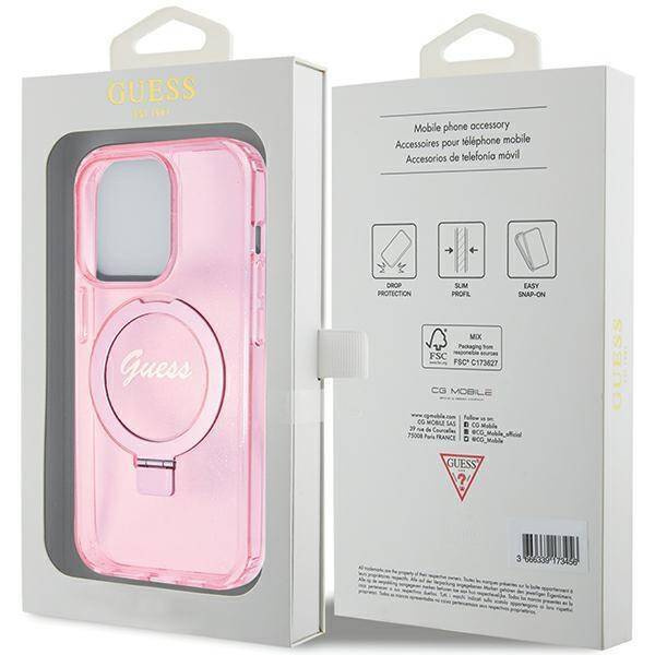 Etui Guess Ring Stand Script Glitter MagSafe na iPhone 15 Pro - różowe