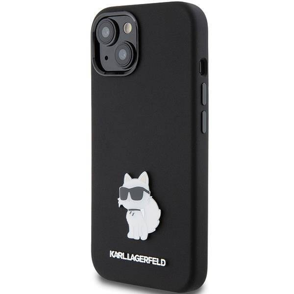 Karl Lagerfeld Choupette Metal Pin-Hülle aus Silikon für iPhone 15 Plus / 14 Plus – Schwarz