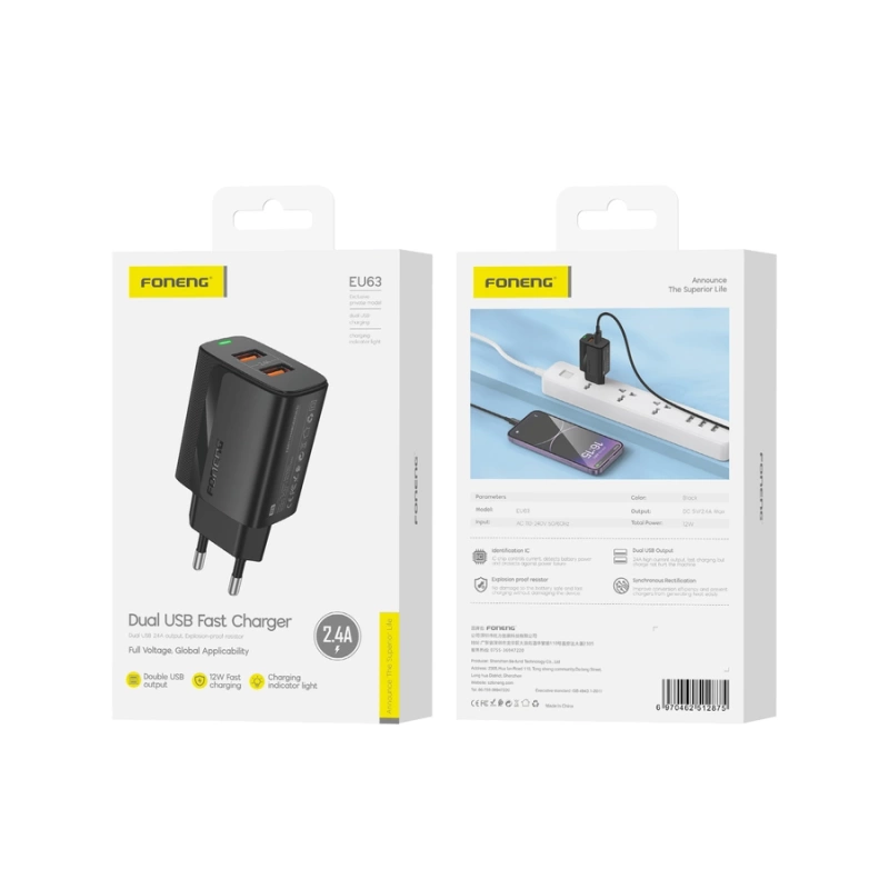 FONENG ładowarka sieciowa EU63 2.4A 12W 2xUSB Czarny