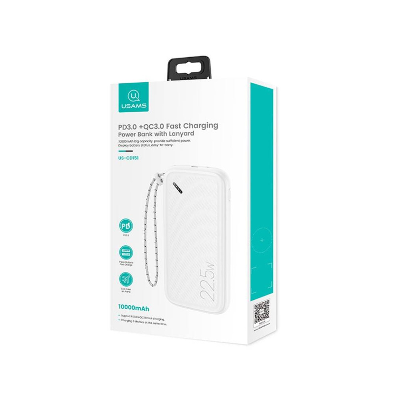 Power Bank 10000mAh PB56 22,5W 2xUSB QC3.0 + USB-C PD + Micro USB Bateria Zewnętrzna Fast Charge Usams US-CD151 biały