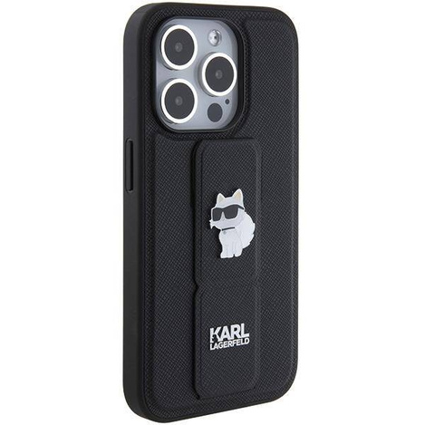Karl Lagerfeld Gripstand Saffiano Choupette Pins Hülle für iPhone 15 Pro Max – Schwarz