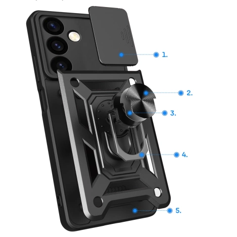Hybrid Armor Camshield Panzerhülle für Samsung Galaxy S24 mit Kameraabdeckung – Schwarz