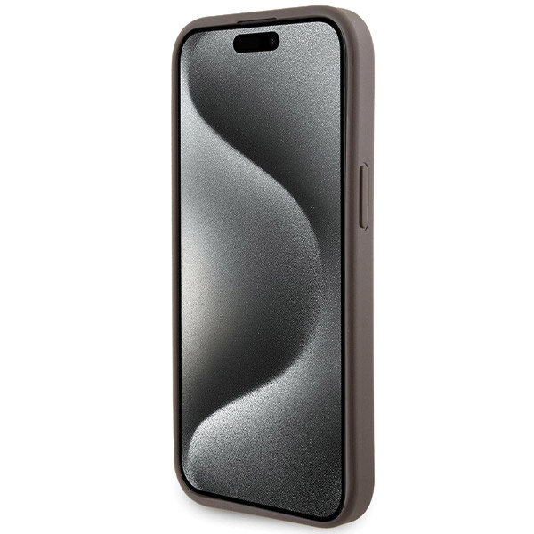 Guess Grip Stand 4G Triangle Strass Hülle für iPhone 15 – braun
