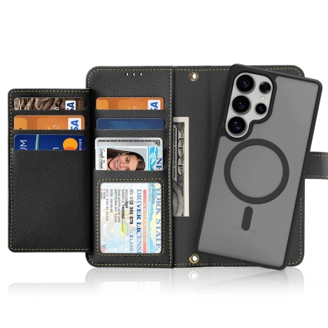 Dux Ducis Lawa Leather Case for Samsung Galaxy S25 Ultra with Detachable Magnetic Wallet - Black