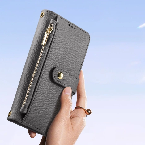Dux Ducis Lawa Lederhülle für Samsung Galaxy S25+ mit abnehmbarer magnetischer Brieftasche – Grau