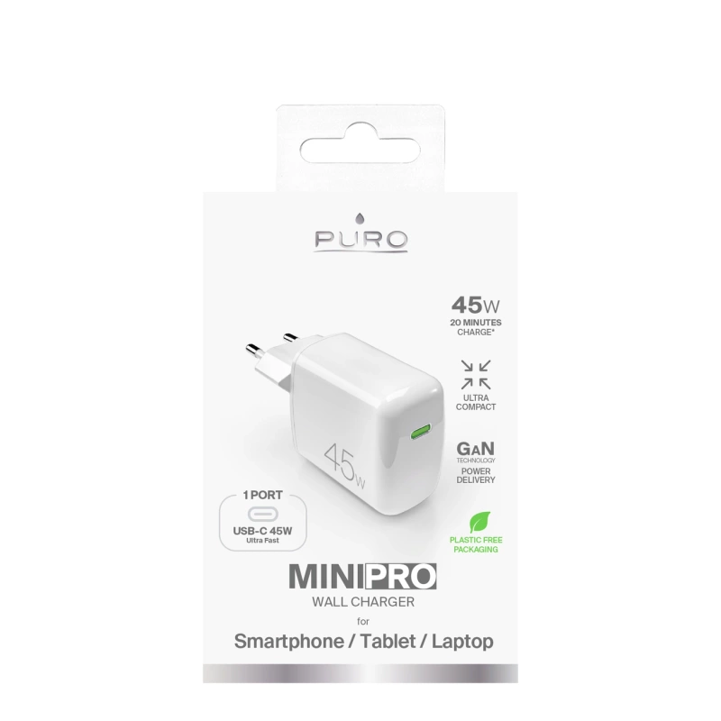 Puro Super Mini 45W PD GaN USB-C Wall Charger - White