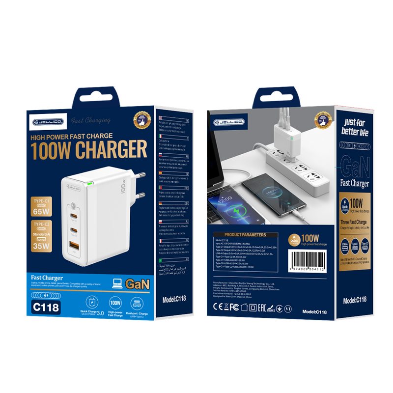 Ładowarka Sieciowa GaN 100W 1x QC3.0 USB + 2x PD USB-C Jellico C118 biała
