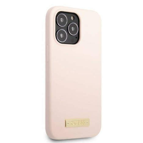Original Case IPHONE 13 PRO MAX Guess Hard Case Silicone Logo Plate MagSafe (GUHMP13XSPLP) pink