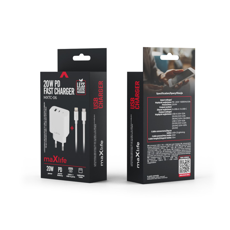 Maxlife ładowarka sieciowa PD QC MXTC-06-20AC 1x USB-C 1x USB 20W biała + kabel USB-C - Lightning 20W