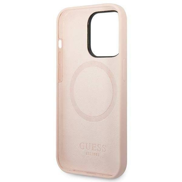Original Handyhülle IPHONE 14 PRO MAX Guess Hard Case Silicone Logo Plate MagSafe rosa