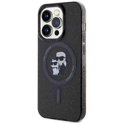 Karl Lagerfeld Karl&amp;Choupette Glitter MagSafe Hülle für iPhone 15 Pro – Schwarz