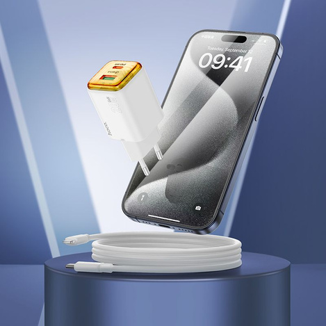 Ładowarka sieciowa do telefonu Hoco USB A + USB C QC3.0 PD 3A 20W + kabel USB C do USB C N52 biała