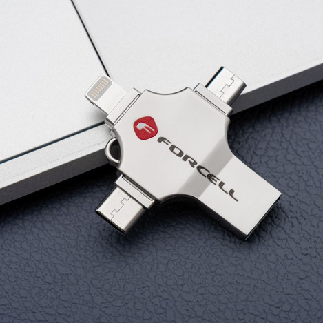 Pendrive 128GB USB 3.2 Gen 1 (USB A / USB C / Lightning / Micro USB) Forcell F-Data Metal Quad srebrny
