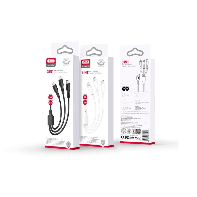 XO kabel NB230 3w1 USB + USB-C + microUSB + Lightning 1,0m 2,4A biały