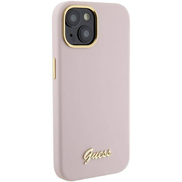 Guess Silicone Script Metal Logo & Frame case for iPhone 15 - pink