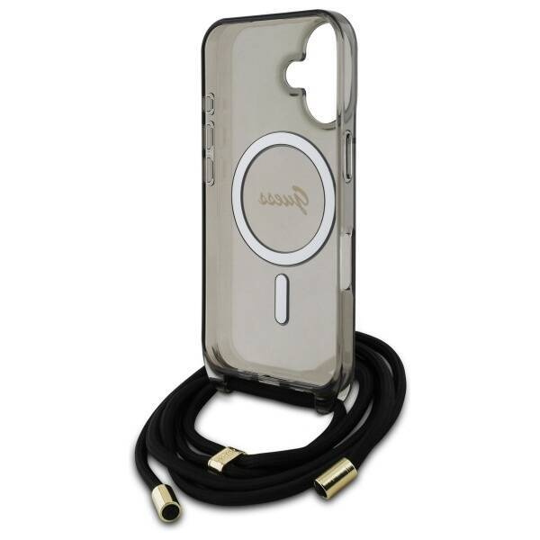 Original Handyhülle IPHONE 16 Guess Hardcase Crossbody Cord Script MagSafe (GUHMP16SHCTSGNSK) schwarz