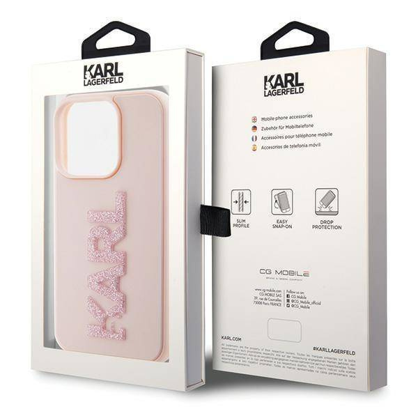 Karl Lagerfeld 3D Rubber Glitter Logo Hülle für iPhone 15 Pro – Rosa