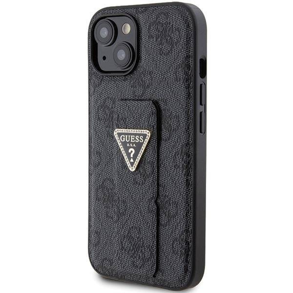 Guess Grip Stand 4G Triangle Strass Hülle für iPhone 15 – Schwarz
