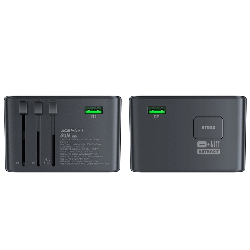Acefast Z1 GaN 75W PD Reiseladeadapter 3x USB-C 2x USB-A - Schwarz