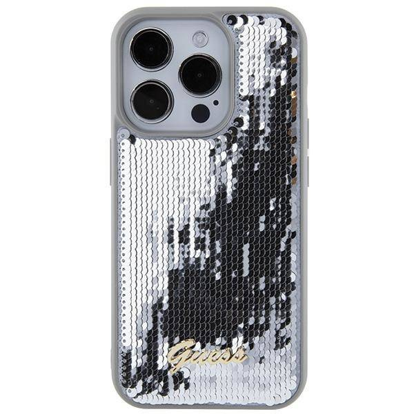 Guess Pailletten-Schriftzug-Metallgehäuse für iPhone 15 Pro Max – Silber