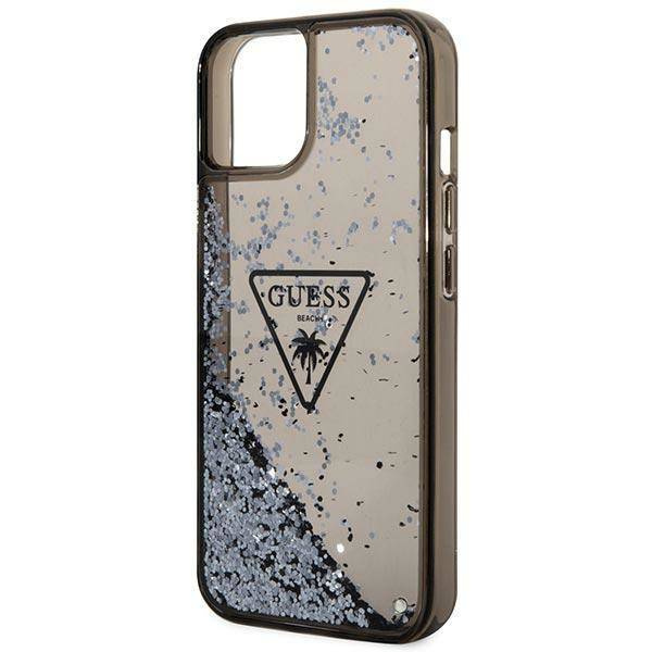 Original Handyhülle IPHONE 14 PLUS Guess Hardcase Liquid Glitter Palm Collection transparent schwarz