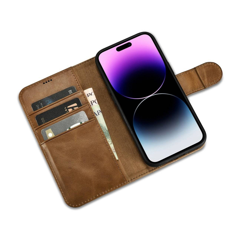 iCarer Oil Wax Wallet Case 2in1 etui iPhone 14 Pro skórzany pokrowiec z klapką Anti-RFID brązowy (WMI14220722-TN)