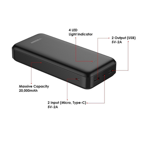Bateria zewnętrzna (Powerbank) VEGER A20 - 20 000mAh czarny (W2015)