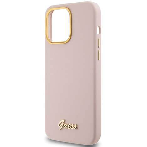 Guess Silikon Script Metal Logo &amp; Frame Hülle für iPhone 15 Pro Max – Rosa