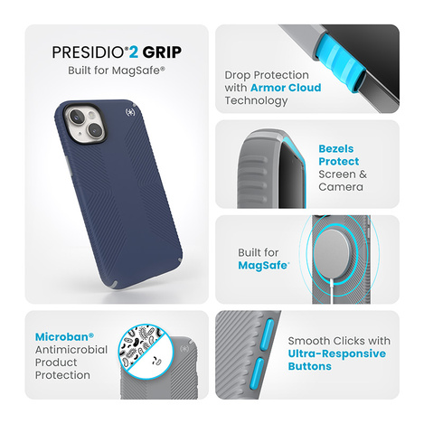 Speck Presidio2 Grip Magsafe - Etui iPhone 15 Plus / iPhone 14 Plus (Coastal Blue / Dustgrey / White)