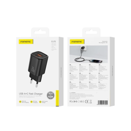 FONENG Netz-Ladegerät EU70 PD 20W 1xUSB-C + 1xUSB QC3.0 schwarz