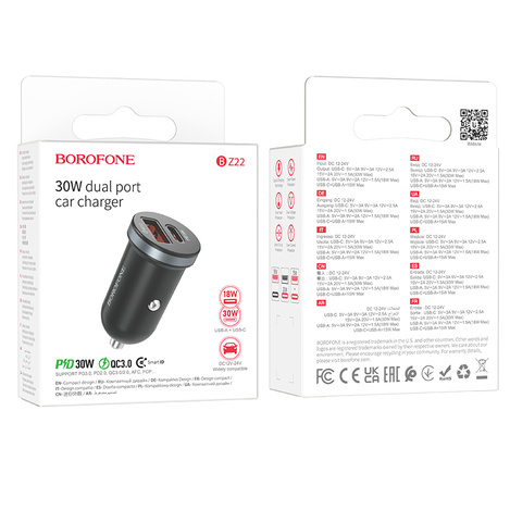 Borofone Ładowarka samochodowa BZ22 Scenery - USB + Typ C - QC 3.0 PD 30W czarna