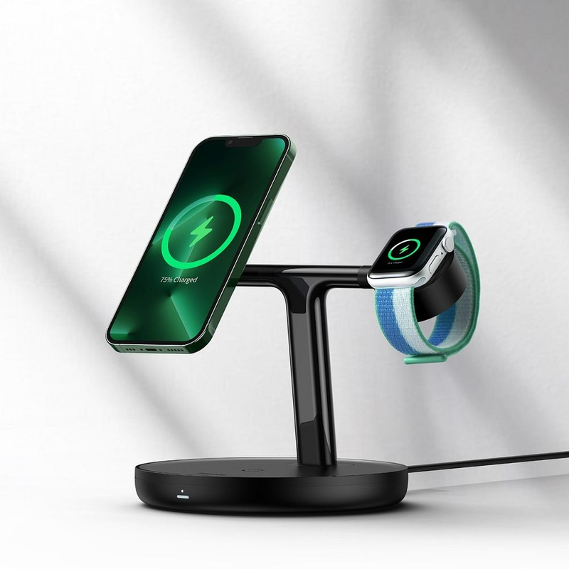 Baseus Swan ładowarka indukcyjna (kompatybilna z MagSafe) stojak do iPhone, Apple Watch, AirPods + kabel USB-C 1m czarny (WXTE000101)