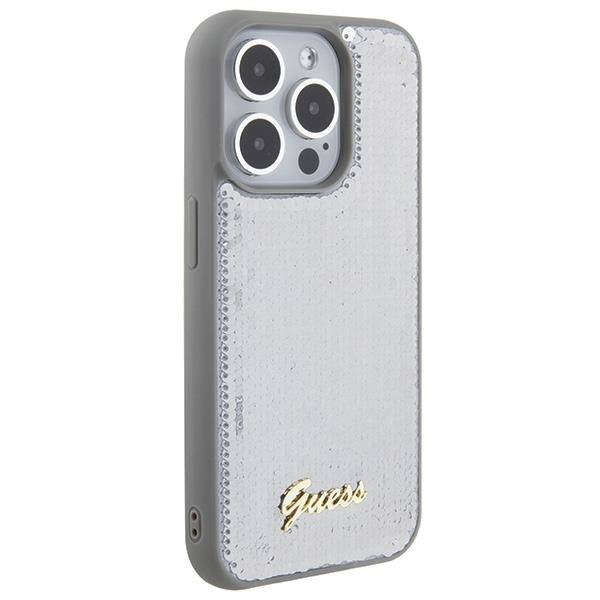 Guess Pailletten-Schriftzug-Metallgehäuse für iPhone 15 Pro Max – Silber