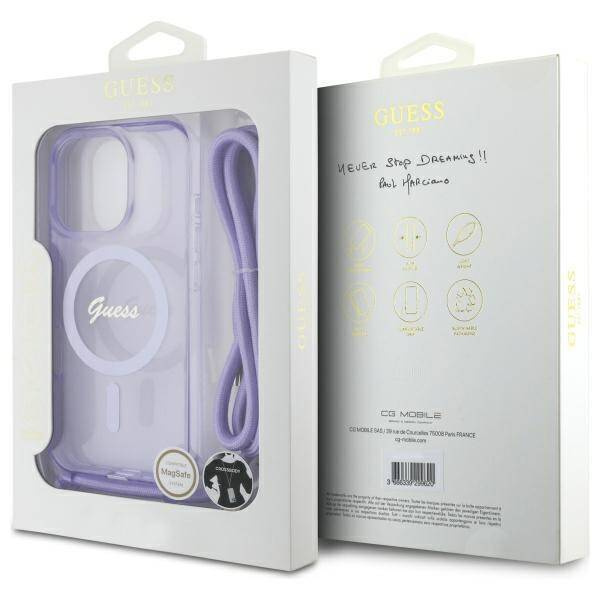 Original Case IPHONE 16 PRO Guess Hardcase Crossbody Cord Script MagSafe (GUHMP16LHCTSGNSU) purple