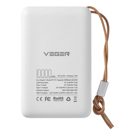 Bateria zewnętrzna (Powerbank) VEGER MagOn z ładowaniem indukcyjnym kompatybilny z MagSafe 15W - 10 000mAh PD 22,5W biały (VP1151 / W1151)