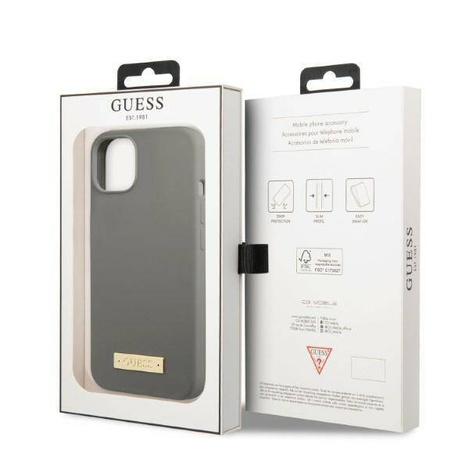 Original Handyhülle IPHONE 13 MINI Guess Hard Case Silicone Logo Plate MagSafe (GUHMP13SSPLG) grau